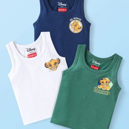 Babyhug Disney Interlock Knit Sleeveless Vests with Simba Graphics Pack of 3 - Green Navy Blue & White-image-16