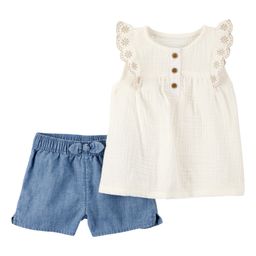Carter's Cotton Knit Sleeveless Top & Shorts with Bow Applique & Floral Embroidery - Ivory & Blue-image-10