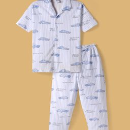 Ollypop Sinker Knit Half Sleeves Night Suit With Car Print - Light Blue-image-49