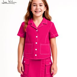 Arias Cotton Woven Half Sleeves Stretch Solid Front Open Top & Skorts Co-Ord Set - Dark Pink-image-42
