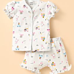 CUCUMBER Sinker Knit Half Puffed Sleeves Co-ords Shorts Night Suit with Bear Print - White-image-56