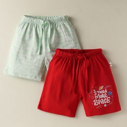 BUMZEE Cotton Knit Above Knee Length Shorts with Boat & I Need Space Text Print Pack of 2 - Red & Light Green-image-15