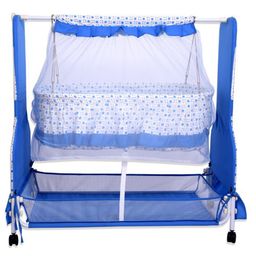 Infanto Cocoon Baby Swing Cradle / Jhula / Palna with Large Storage , 360 Lockable Wheels, Sturdy Frame, Large Mosquito Net, Swing Lock ,Soft cushion mattress- BLUE-29