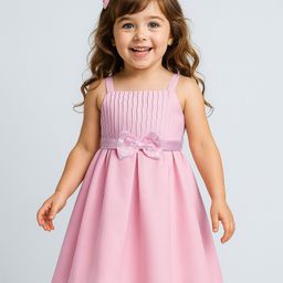 Babyhug Woven Sleeveless Pleated Party Dress With Bow Applique - Pink-image-92