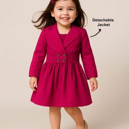 Babyhug 100% Cotton Full Sleeves Solid Coloured Frock With Blazer Style Jacket - Dark Pink-12