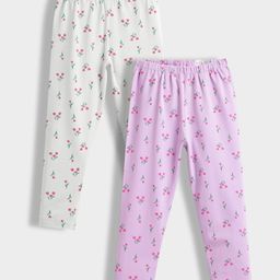 Orange Sugar Cotton Lycra Knit Pack Of 2 Tulips Printed Stretchable Leggings - White & Light Lavender-image-62