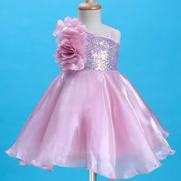 Bluebell Satin Woven Sleeveless Party Dress with Floral Applique & Sequin Detailing - Pink-image-90