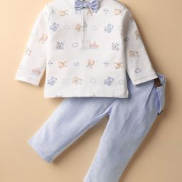 ToffyHouse Interlock Knit Full Sleeves Teddy Bear Printed Shirt & Trouser With Bow & Suspender - White & Light Blue-image-89