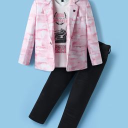Rikidoos Full Sleeves Tie Dye Blazer With Typography Printed Tee & Pant Set - Pink & Black-image-55