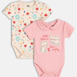 MINI KLUB Cotton Knit Pack of 2 Half Sleeves Floral Printed & Cat Patch Detailed Onesies - Pink & White-image-63
