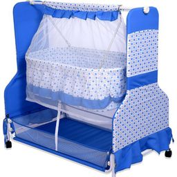 Infanto Cocoon Baby Swing Cradle / Jhula / Palna with Large Storage , 360 Lockable Wheels, Sturdy Frame, Large Mosquito Net, Swing Lock ,Soft cushion mattress- BLUE image 2