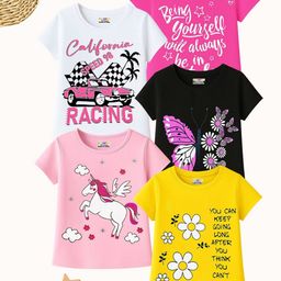 KUCHIPOO Girls Pack Of 5 Typography Printed Round Neck Cotton Regular Fit Casual T-shirt-picture-47