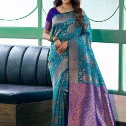 Satrani Blue & Dark Blue Woven Saree With Unstitched Blouse-image-83
