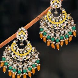 OOMPH Yellow & Green Meenakari Beads & Kundan Chand Bali Earrings-image-95