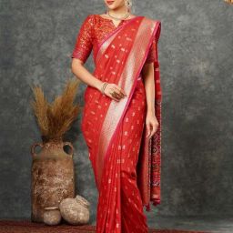 Satrani Red Woven Saree With Unstitched Blouse-picture-28