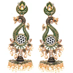 Karatcart Antique Gold-Plated Kundan Studded Green Meena Peacock with Flat Jhumki Earrings for Women image 3