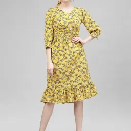 KASSUALLY Yellow Floral Print Fit & Flare Dress-image-10