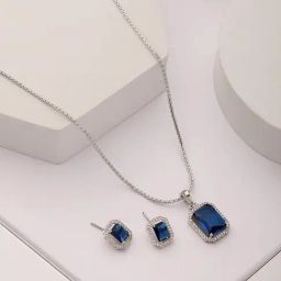 Saraf RS Jewellery Silver Toned Blue AD Studded Rectangular Minimal Pendant & Earrings Set-image-23
