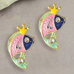 OOMPH Pink & Blue Enamel Indo Western Feng Shui Good Luck Fish Design Stud Earrings-image-51