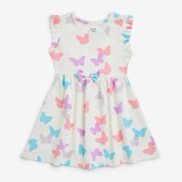 HOP Kids by Westside Off-White Butterfly Design Cotton A-Line Dress-image-9