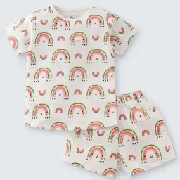 Nite Flite Kids Off-White & Pink Cotton Printed Top Set-image-82