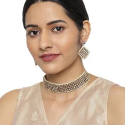 Zaveri Pearls Gold Tone Sparkling Austrian Diamonds Stylish Choker Necklace Earring Set-ZPFK9093-image-33