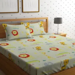 HOSTA HOMES Printed Multicolor 220 TC Glace Cotton Queen Kids Bed Sheet with 2 Pillow Covers-image-67