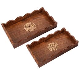 VarEesha Gul Brown Sheesham Wood Rectangular Tray - Set of 2 image 3