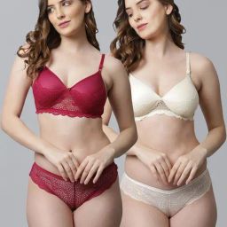 AROUSY Maroon & White Cotton Self Pattern Bra Panty Set - Pack Of 2-image-20