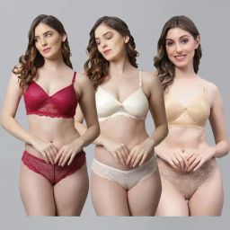 AROUSY Maroon & White Cotton Self Pattern Bra Panty Set - Pack Of 3-image-10