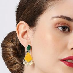 Oomph Yellow Green Ethnic Engraved Jaipur Stones Dangler Earrings image 3
