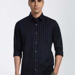 Peter England Navy Cotton Slim Fit Striped Shirt-picture-27