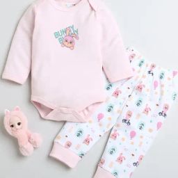 Bumzee Girls Pink & White Printed Full Sleeves Bodysuit With Pyjamas-image-29