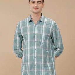 CAVALLO by Linen Club Green Linen Blend Slim fit Checks casual shirts-image-97