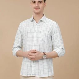 CAVALLO by Linen Club White Linen Blend Slim fit Checks casual shirts-image-83