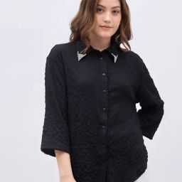 Styli Black Polyester Self Design Shirt-image-11