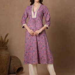Fashor Purple Cotton Printed Three-Quarter Sleeves Kurta-image-26