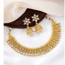 Peora Gold Plated Ethnic White Kundan Studded Necklace Jhumki Earrings Set-18