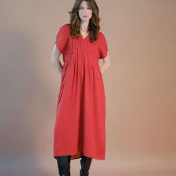 VIRGIO Red Linen Blend Solid Short Sleeves Dress-image-96