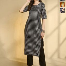 HERE&NOW Selection Of 3 Floral Printed Round Neck Straight Kurtas-image-89