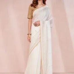 Fabindia White Woven Saree Without Blouse-image-28