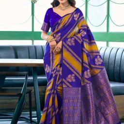Satrani Dark Blue & Turmeric Yellow Woven Saree With Unstitched Blouse-image-50