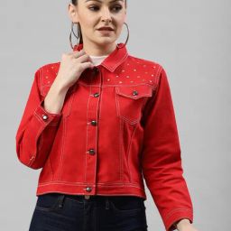 KASSUALLY Red Cotton Embellished Denim Jacket-41