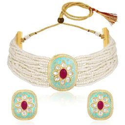 Peora Gold Plated Blue White Synthetic Stone & Beads Necklace Stud Earring Set-11