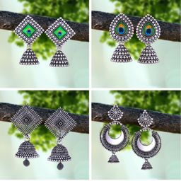 DIVASTRI Set of 4 Silver-Plated Oxidised Dome Shaped Jhumkas-7