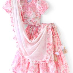 Babyoye Cotton Half Sleeves Choli Lehenga Set with Dupatta Floral Print - White & Light Pink-picture-38