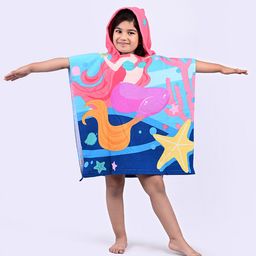 Yellow Bee Half Sleeves Mermaid Printed With Hooded Poncho  Towel - Pink & Blue-picture-0