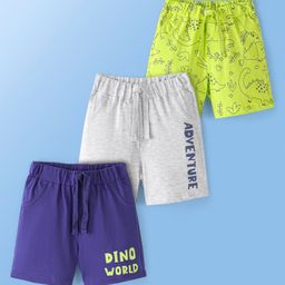 Doodle Poodle 100% Cotton Knit Above Knee Length Shorts Dino Print Pack of 3 -Lime Punch Grey & Blue-image-41