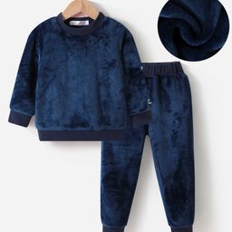 Kookie Kids Full Sleeves Winter Wear Text  Printed Night Suit - Navy Blue-image-6