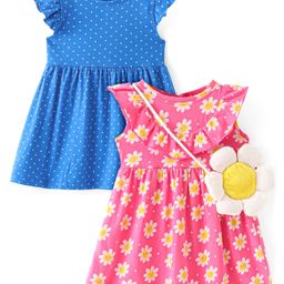 Babyhug Single Jersey Knit Sleeveless Frocks with Floral & Polka Dots Print with Sling Bag Pack of 2 - Multicolour-image-87